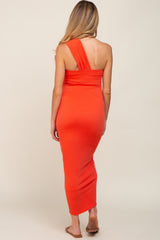 Orange Twist Front One Shoulder Maternity Midi Dress