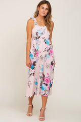 Pink Floral Ruffle Strap Midi Dress