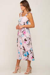 Pink Floral Ruffle Strap Midi Dress