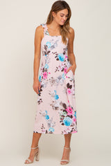 Pink Floral Ruffle Strap Midi Dress