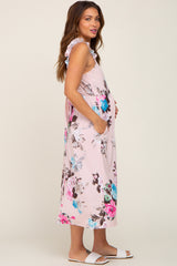 Pink Floral Ruffle Strap Maternity Midi Dress