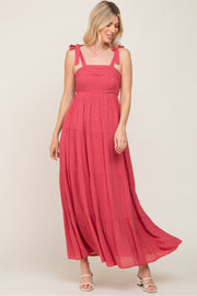 Mauve Textured Dot Square Neck Tie Strap Maxi Dress