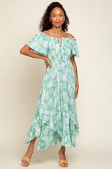 Mint Green Leaf Print Off Shoulder Handkerchief Midi Dress