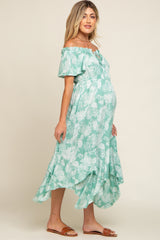 Mint Green Leaf Print Off Shoulder Handkerchief Maternity Midi Dress