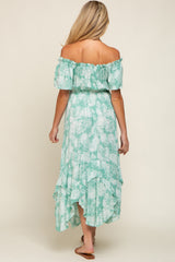 Mint Green Leaf Print Off Shoulder Handkerchief Maternity Midi Dress