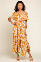 Camel Leaf Print Off Shoulder Handkerchief Midi Dress