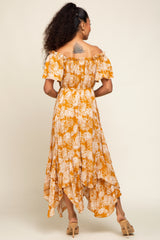 Camel Leaf Print Off Shoulder Handkerchief Midi Dress