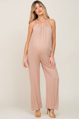 Taupe Halter Neck Maternity Jumpsuit