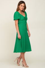 Green V-Neck Front Tie Short Puff Sleeve Midi Dress