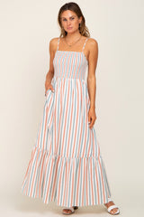 Ivory Striped Smocked Maternity Maxi Dress