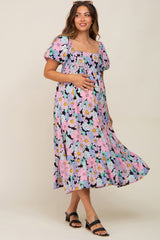 Multicolor Floral Puff Sleeve Maternity Midi Dress