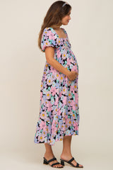 Multicolor Floral Puff Sleeve Maternity Midi Dress