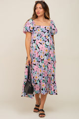 Multicolor Floral Puff Sleeve Maternity Midi Dress