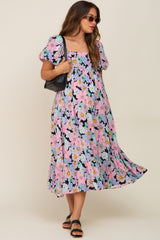 Multicolor Floral Puff Sleeve Maternity Midi Dress