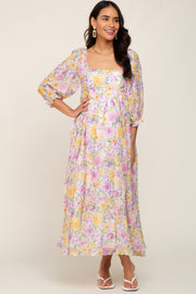 Ivory Floral Shimmer Chiffon Square Neck Maternity Maxi Dress