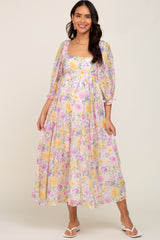 Ivory Floral Shimmer Chiffon Square Neck Maternity Maxi Dress