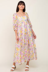 Ivory Floral Shimmer Chiffon Square Neck Maternity Maxi Dress