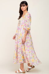 Ivory Floral Shimmer Chiffon Square Neck Maxi Dress