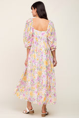 Ivory Floral Shimmer Chiffon Square Neck Maxi Dress