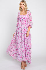 Lavender Floral Chiffon Puff Sleeve Maternity Maxi Dress