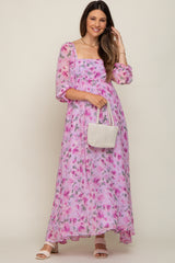 Lavender Floral Chiffon Puff Sleeve Maternity Maxi Dress