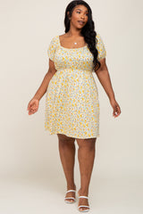 Yellow Floral Short Puff Sleeve Dress