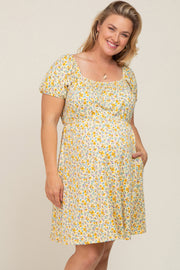 Yellow Floral Short Puff Sleeve Maternity Dress