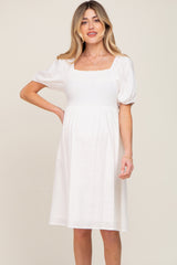 White Smocked Short Sleeve Linen Maternity Midi Dress