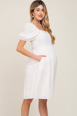 White Smocked Short Sleeve Linen Maternity Midi Dress