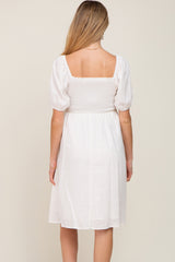 White Smocked Short Sleeve Linen Maternity Midi Dress