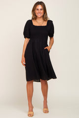 Black Smocked Short Sleeve Linen Maternity Midi Dress