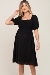 Black Smocked Short Sleeve Linen Maternity Midi Dress