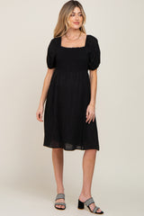 Black Smocked Short Sleeve Linen Maternity Midi Dress