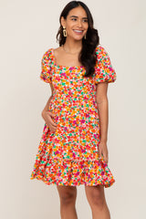 Pink Floral Square Neck Short Puff Sleeve Maternity Dress