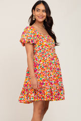 Pink Floral Square Neck Short Puff Sleeve Maternity Dress