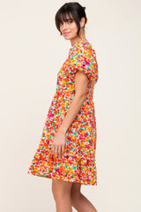 Pink Floral Square Neck Short Puff Sleeve Dress