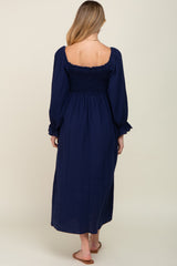 Navy Gauze Smocked Maternity Midi Dress