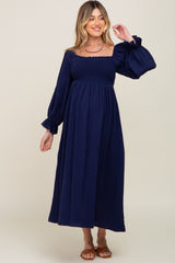 Navy Gauze Smocked Maternity Midi Dress