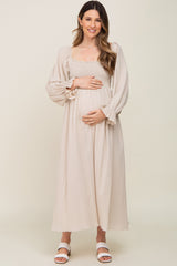 Beige Gauze Smocked Maternity Midi Dress