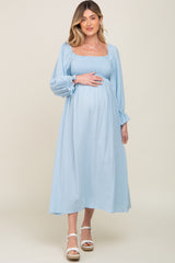 Light Blue Gauze Smocked Maternity Midi Dress