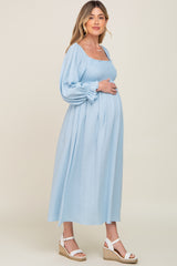 Light Blue Gauze Smocked Maternity Midi Dress