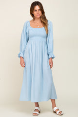 Light Blue Gauze Smocked Maternity Midi Dress