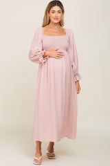 Light Mauve Gauze Smocked Maternity Midi Dress