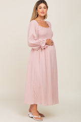 Light Mauve Gauze Smocked Maternity Midi Dress