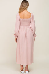 Light Mauve Gauze Smocked Maternity Midi Dress