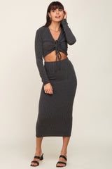 Black Ribbed Front Cutout Two Piece Skirt Set