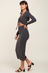 Black Ribbed Front Cutout Two Piece Skirt Set