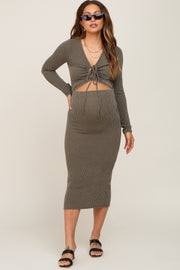 Olive Ribbed Front Cutout Two Piece Maternity Skirt Set