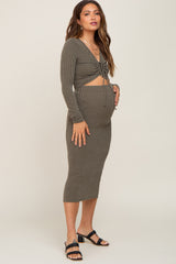 Olive Ribbed Front Cutout Two Piece Maternity Skirt Set