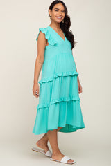 Turquoise Sleeveless Ruffle Tiered Maternity Dress